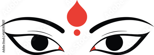 Minimalist design of serene Hindu goddess eyes with a prominent red bindi, symbolizing strength, peace, and spiritual power.