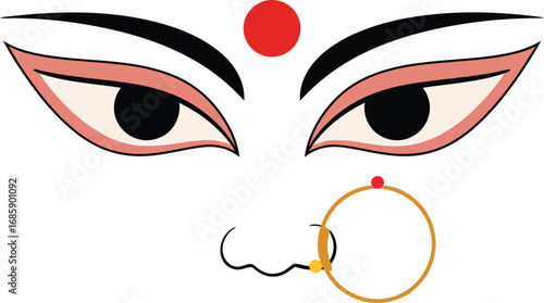 Minimalist design of serene Maa Durga eyes with a red bindi and a nose ring, symbolizing strength, divinity, and tradition.
