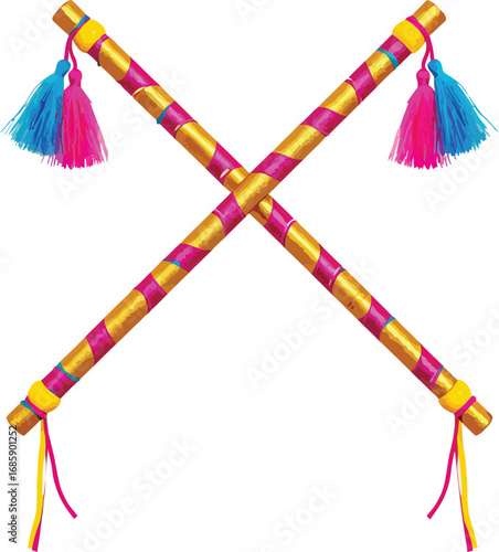 Vibrant and intricately decorated Dandiya sticks with blue and pink tassels, essential for Garba dance during the auspicious Navratri festival celebrations.