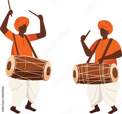 Traditional Indian Drummers in Cultural Attire Performing Dynamic Folk Music with Dholak Instruments for a Festive Celebration or Event.