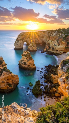 Coastal sunset, sea stacks, golden hour