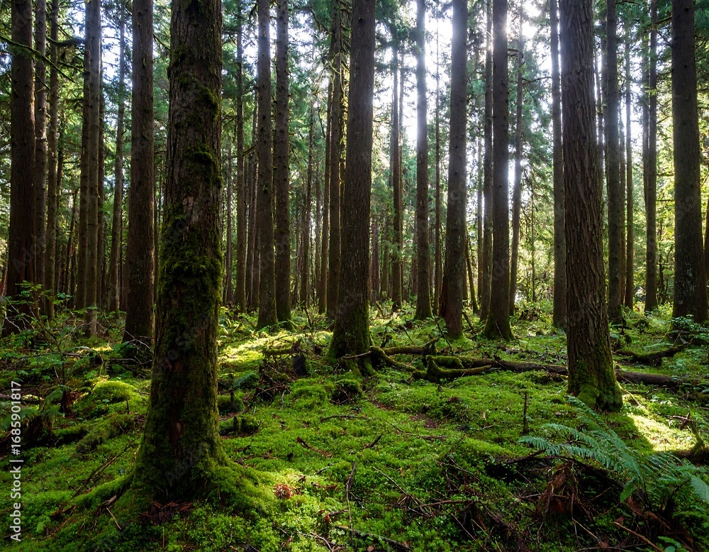 Obraz premium Sunlight filtering through a dense mossy forest