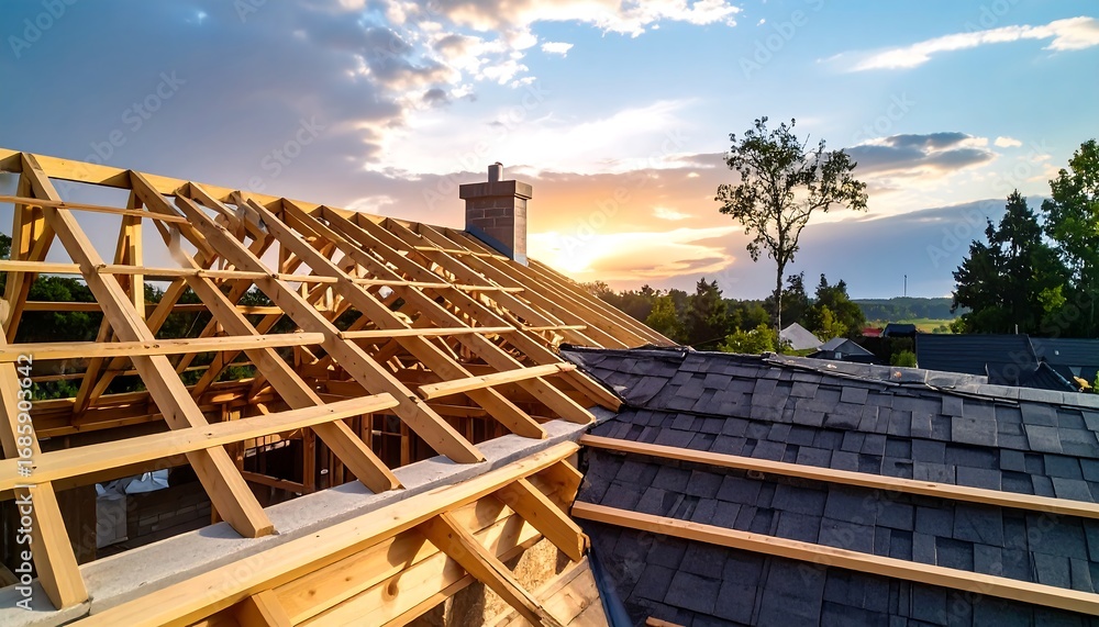 Obraz premium Roof under construction shows the rafters, shingles, brick chimney at sunset