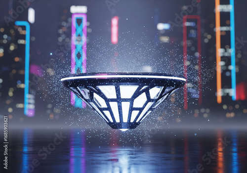 Futuristic glowing platform hovering in a neon city at night, symbolizing innovation and technology
