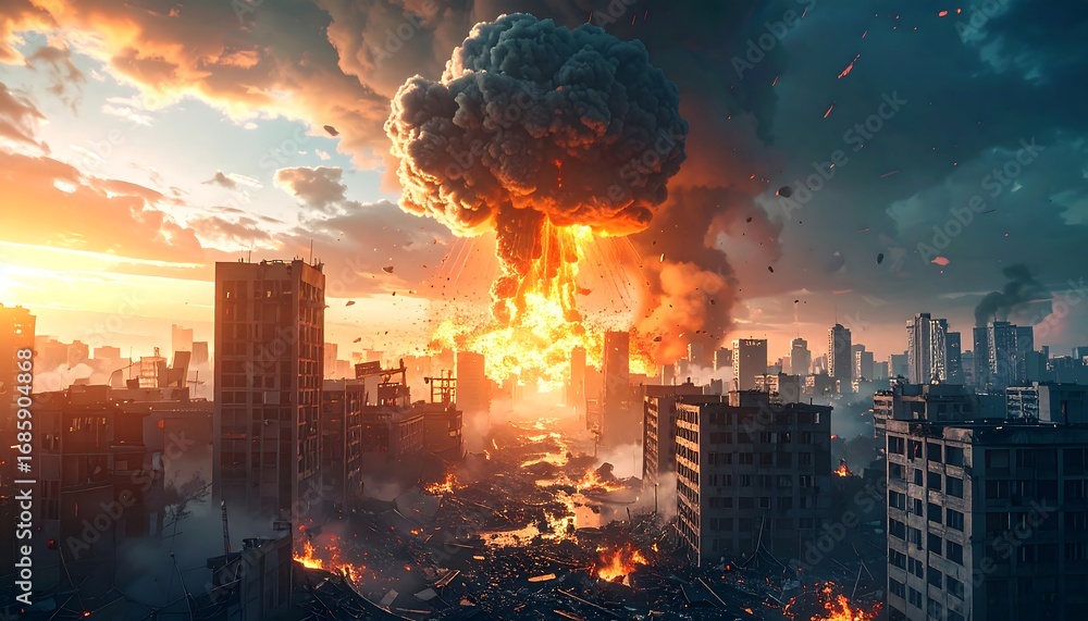 Fototapeta premium A devastating atomic explosion over a ruined cityscape at sunset