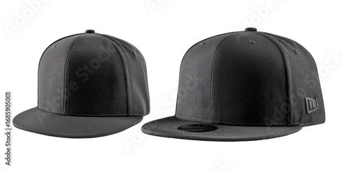 Two identical dark gray flat-bill caps