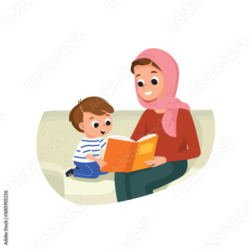 Middle Eastern Muslim woman mother mum wearing a traditional hijab in a headscarf reading fairy tale book storybook to baby child son at home, babysitting with child. Motherhood concept.