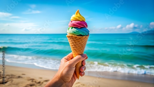 Colorful ice cream cone held against a tropical beach and ocean background