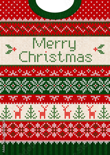 Merry Christmas Knitted Sweater Design Cozy Holiday Pattern. Festive Red Green Ugly Sweater with Reindeer Snowflakes. Knitted Christmas Greeting Card, Holiday Sweater Typography Vector Illustration