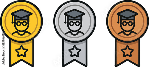 Gamified badges 'gold, silver, bronze' for online students Illustration