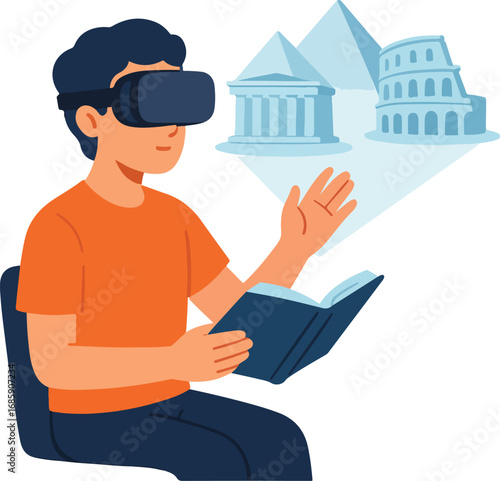 Virtual reality history class with holographic ancient monuments Illustration