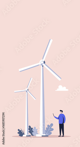 Man inspects wind turbines powering sustainable energy future, inspiring eco-friendly innovation.