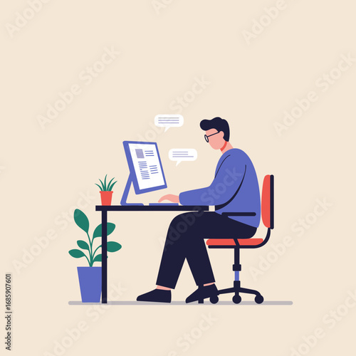 Focused professional working diligently on computer, communication bubbles indicating digital exchange