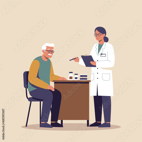 Caring doctor consults with elderly patient about treatment plan, promoting health and trust