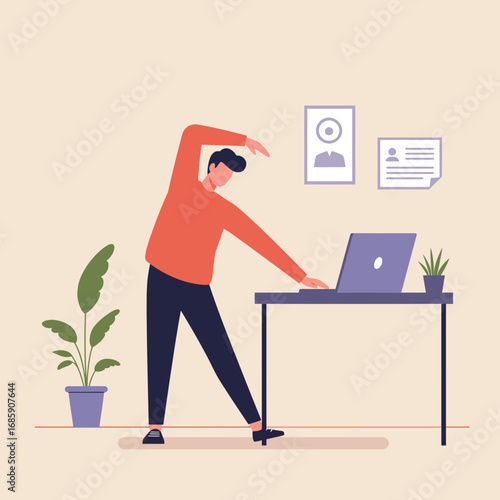 Energetic professional stretches at desk, promoting well-being and productivity in modern office setting.