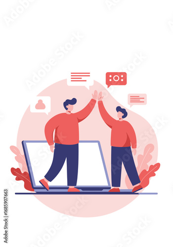 Confident teammates celebrating success with a high five over a laptop, symbolizing achievement and collaboration