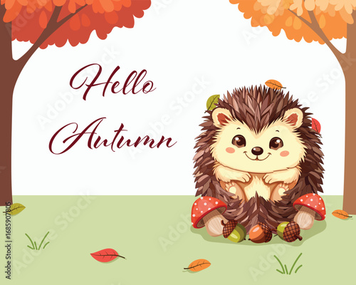 Cute hedgehog with mushrooms and leaves on white background. Hello Autumn season. Template for cards, posters, banners, prints and holiday designs. Vector illustration in cartoon flat style.