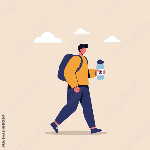 Young man with backpack confidently walks holding a water bottle, embracing outdoor activity and healthy hydration