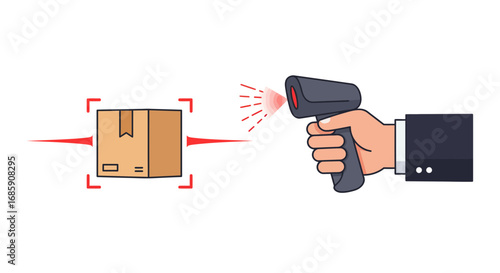 Professional hand scans delivery package with red laser scanner for inventory tracking and logistics