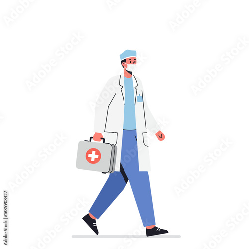 Dedicated doctor in mask carrying first aid kit, providing urgent medical care with professionalism and speed