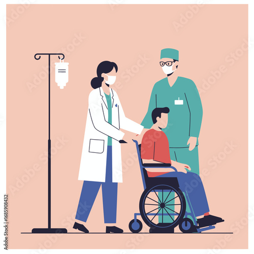 Dedicated medical team compassionately assists patient in wheelchair with IV drip support