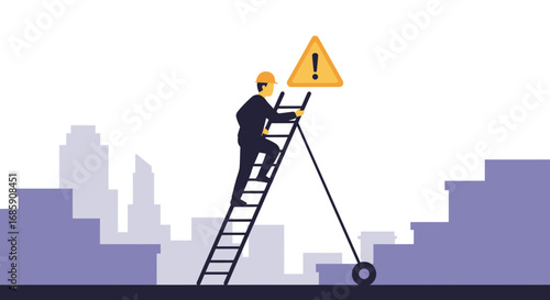 Determined professional climbs ladder towards warning sign symbolizing career risks and challenges in urban setting