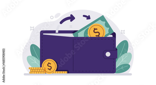 Money flowing into and out of a stylish purple wallet with coins and bills