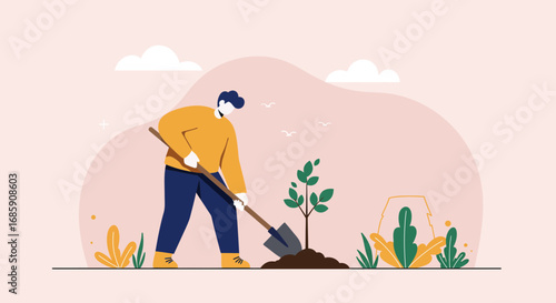 Man planting a small tree with shovel, symbolizing growth, new beginnings, and environmental care