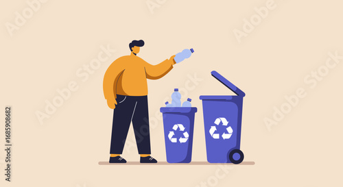 Man diligently sorts plastic bottles into recycling bins for a cleaner planet