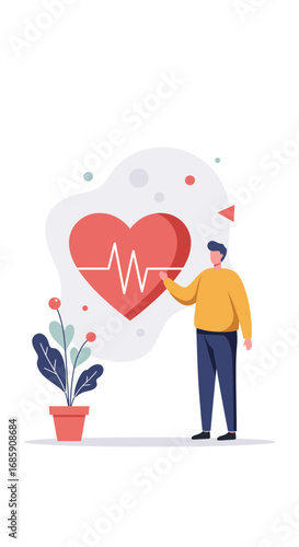 Man carefully tending to a vibrant heart symbol with a strong pulse, representing health and well-being.