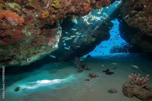 Wallpaper Mural School of fish swim through sunlit underwater cave entrance with coral reef image Torontodigital.ca