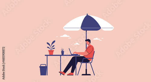Freelancer working outdoors at cafe table with laptop under umbrella, creative workspace