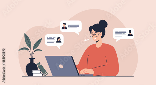 Woman working on laptop with online chat bubbles, modern workspace, business communication concept
