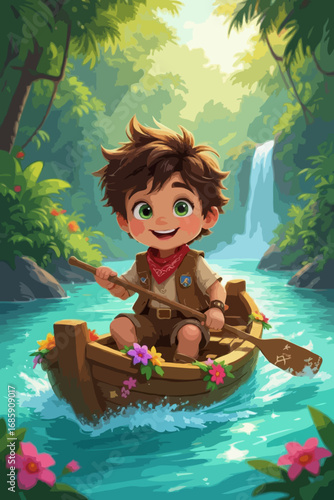 Happy boy sailing small raft on river in tropical forest, cartoon adventure illustration