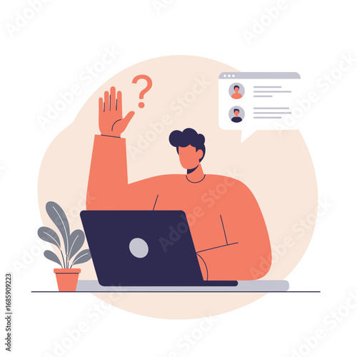 Modern professional seeking assistance with online project with question mark above hand
