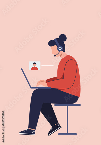 Modern professional attending virtual meeting on laptop with headset, perfect for remote work visuals
