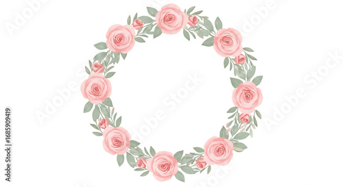 Oval floral wreath with pink roses and green leaves isolated on transparent background