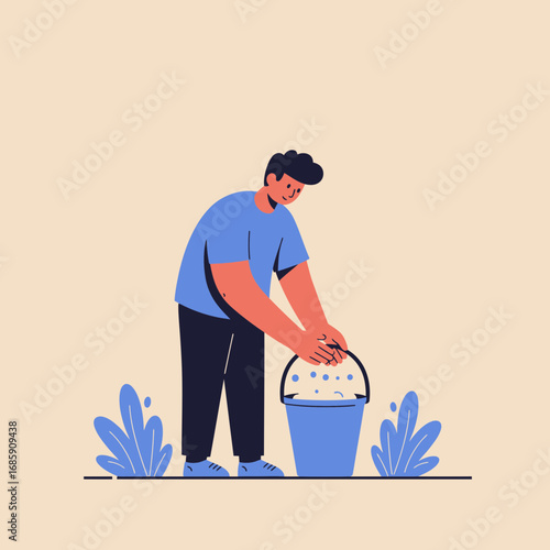 Man cleaning with bucket of soapy water, domestic chores and household cleaning concept, lifestyle