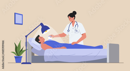 Caring nurse giving patient water in hospital bed for healthcare recovery and wellness