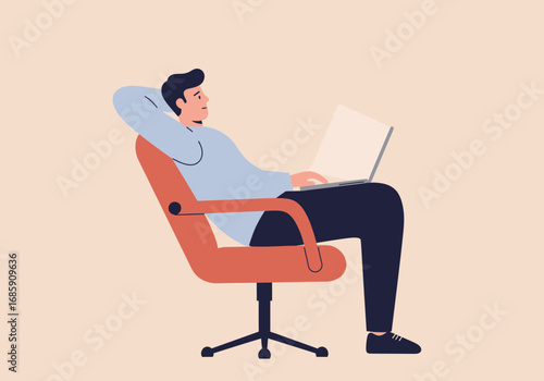 Relaxed professional easily managing tasks on laptop from comfortable office chair, modern work life.