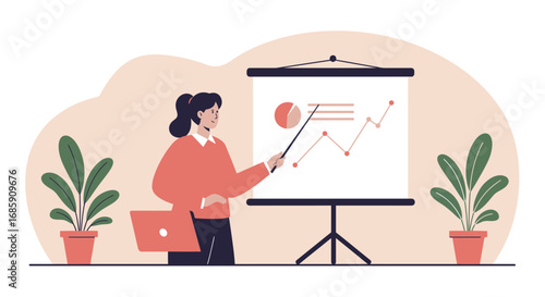 Confident businesswoman presenting positive growth trends and financial data on a flip chart