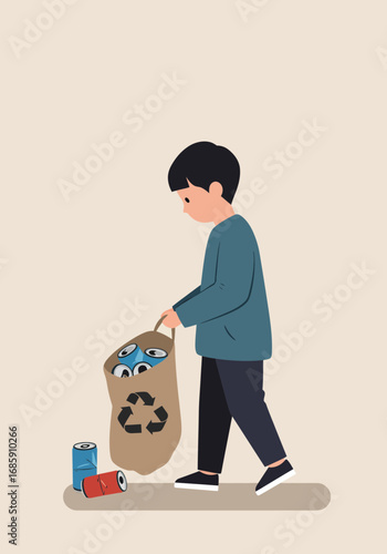 Young boy actively collecting aluminum cans in a recyclable bag for a cleaner planet