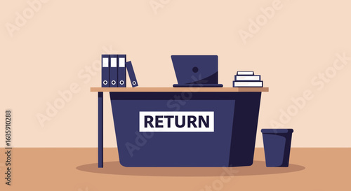 Professional return desk with laptop, binders, and books ready for customer service