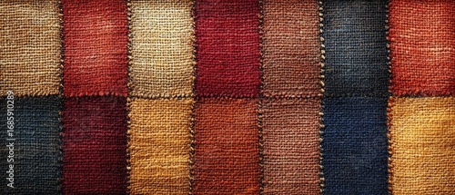 Top view of a colorful woven carpet featuring visible stitches, creating a checkered pattern with various shades of color