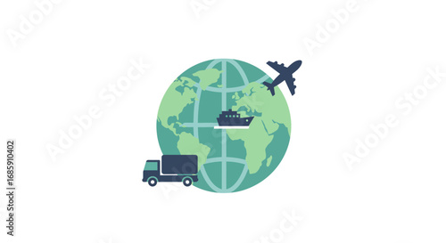 Global logistics represented by a truck, ship, and airplane circling the Earth