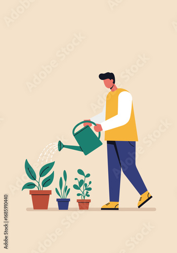 Man gently waters potted plants, fostering growth and nurturing life with care in a modern, clean aesthetic.