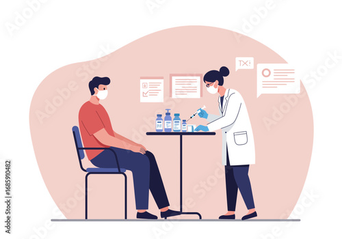 Nurse administers vaccine injection to masked patient in modern clinic setting for health safety