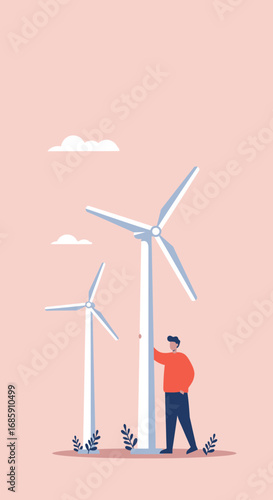 Man thoughtfully inspecting wind turbine technology powering clean energy future for sustainable planet