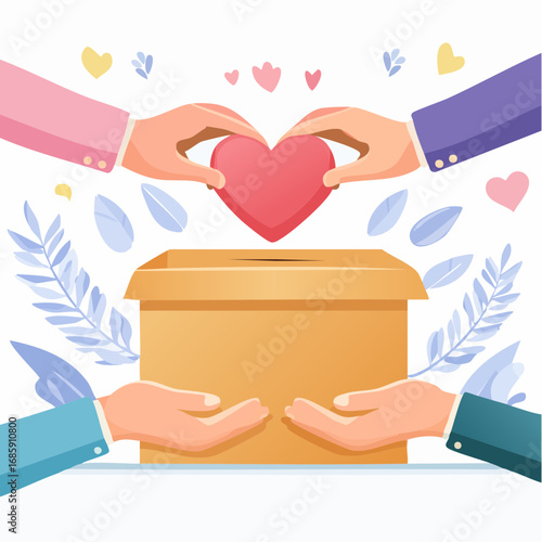 Illustration depicting charitable giving with hands placing a heart into donation box for kindness