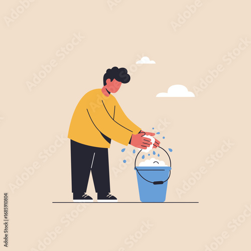 Person washing hands in soapy bucket, promoting hygiene and clean living with simple, modern illustration